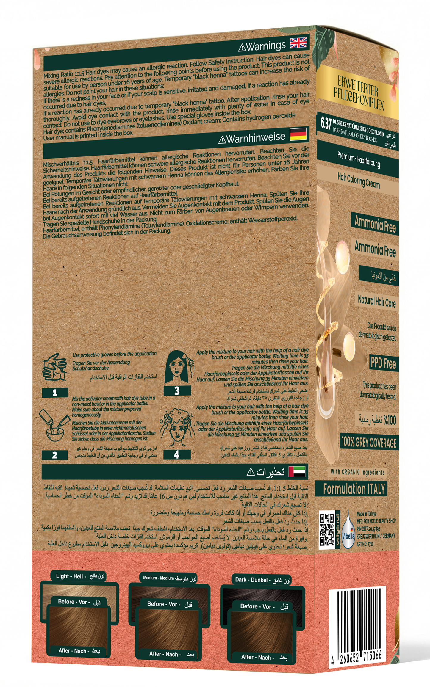 Vibella Ammonia-Free Hair Coloring Cream No. 6.37 Dark Natural Golden Blonde – Premium Hair Color