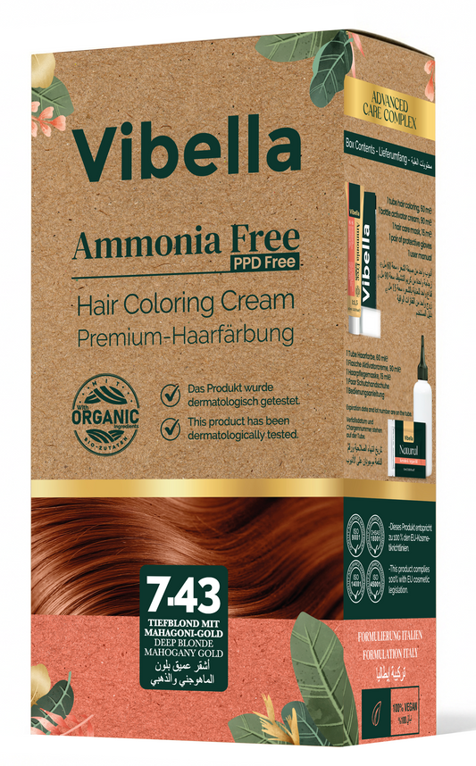Vibella Ammonia-Free Hair Coloring Cream No. 7.43 Deep Blonde with Mahogany Gold – Premium Hair Color